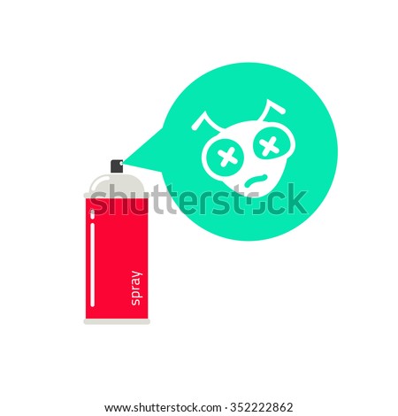 Spray against insects insecticides vector flat icon, anti pesticides, spiders, bugs, aphids, face of dead insect in poison toxic cloud isolated on white modern logo label design, illustration sign