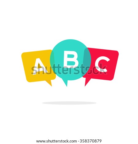 English school badge vector logo, language learning emblem icon with bubble speeches and a b c letters inside, symbol of speaking club translation education modern simple flat design isolated on white