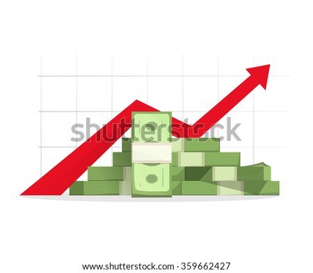 Pile of cash with red rising graph with upward arrow vector illustration, concept of business success, financial growth diagram, aim reaching, analytics, report presentation symbol, isolated on white