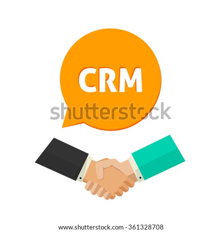 CRM vector illustration, speech bubble with text label, shaking hands logo sign, concept of communication system, service badge, support symbol, flat icon modern design isolated on white background