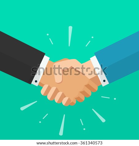 Shaking hands business vector illustration with abstract rays, symbol of success deal, happy partnership, greeting shake, handshaking agreement flat sign modern design isolated on green background