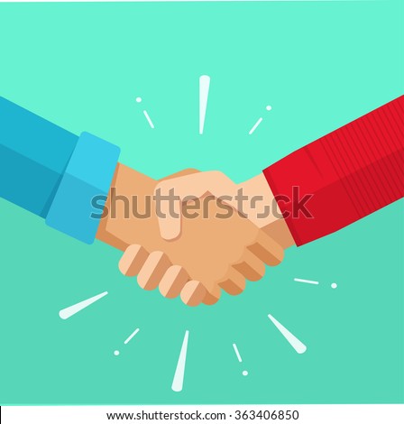 Shaking hands business vector illustration with abstract rays, symbol of success deal, happy partnership, greeting shake, casual handshaking agreement flat sign design isolated on green background