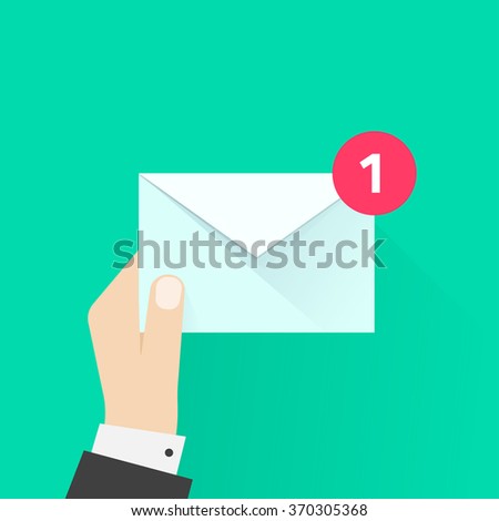 White envelope letter with counter notification, postman hand, concept of incoming email message, mail delivery service, newsletter announcement flat modern vector illustration design isolated