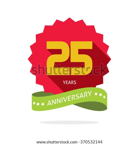 25 years anniversary vector label logo, shadow on circle, number 25 (two five), 25th years anniversary icon. Twenty fifth birthday party symbol, promotion sale sticker ribbon, poster, emblem