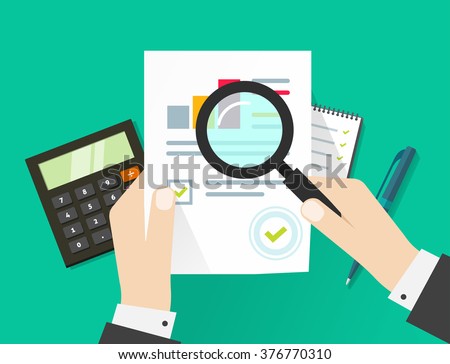 Paper sheet, hands, magnifier, paperwork, consultant, business adviser financial audit, auditing tax process, big data analysis, seo analytics, financial research report, market stats calculate vector