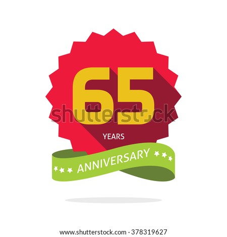65 years anniversary vector label logo, shadow on star, number 65 (six five), 65th years anniversary icon. Sixty five birthday party symbol. Sixty fifth promotion sale sticker ribbon, poster, emblem
