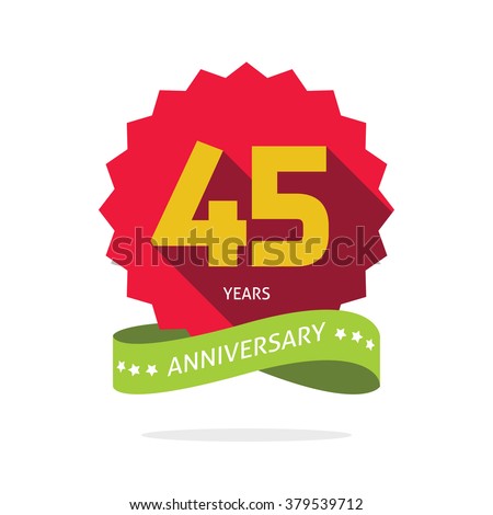 45 years anniversary vector label logo, shadow on star, number 45 (four five), 45th years anniversary icon. Forty five birthday party symbol. Forty fifth promotion sale sticker ribbon, poster, emblem