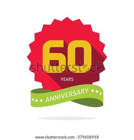 60 years anniversary vector label logo, shadow on star, number 60 (six zero), 60th years anniversary icon. Sixtieth birthday party symbol. Sixty promotion sale sticker ribbon, poster, emblem