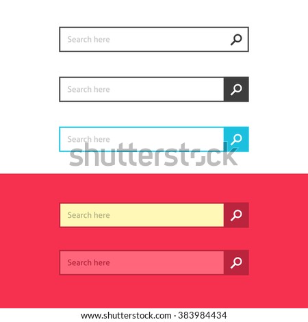 Search bar set vector interface elements with search button, search box modern simple design isolated on white and red background