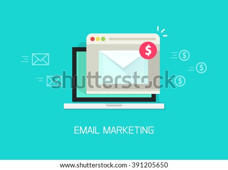 Email marketing vector illustration concept, laptop computer email with browser window, internet digital letter, communication, flat cartoon banner element design isolated on blue background