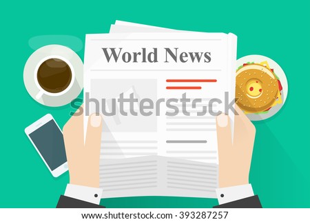 Business man hands holding newspaper with world news words headline, abstract text and photo, coffee break, lunch, breakfast, news paper modern design vector illustration isolated on green background