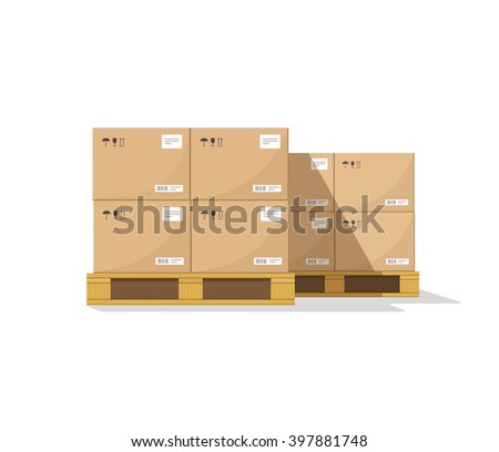 Warehouse parts boxes on wooden pallet vector illustration with shadow, cardboard cargo boxes, barcode, pictograms and abstract text stickers ready for loading, flat cartoon design isolated on white