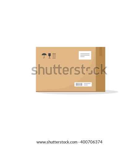 Parcel carton box vector container illustration, cardboard box pack with handling packing icons, text stickers, bar code, closed box, package paper box flat cartoon design isolated on white