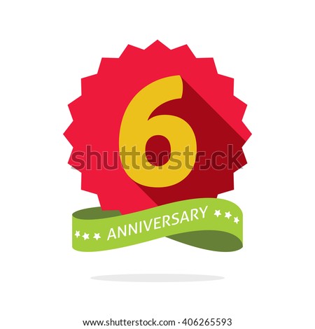 6th anniversary badge with shadow on red starburst and yellow number 6 (six). 6 years anniversary icon. Sixth years symbol, sticker ribbon, vector emblem