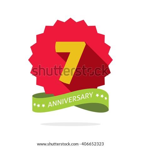 7th anniversary badge with shadow on red starburst and yellow number 7 (seven). 7 years anniversary icon. Seventh years symbol, sticker ribbon, vector emblem