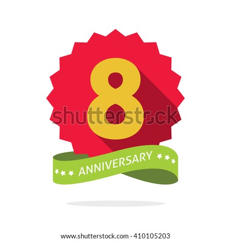 8th anniversary badge with shadow on red starburst and yellow number 8 (eight). 8 years anniversary icon. Eighth years symbol, ribbon, vector emblem isolated on white