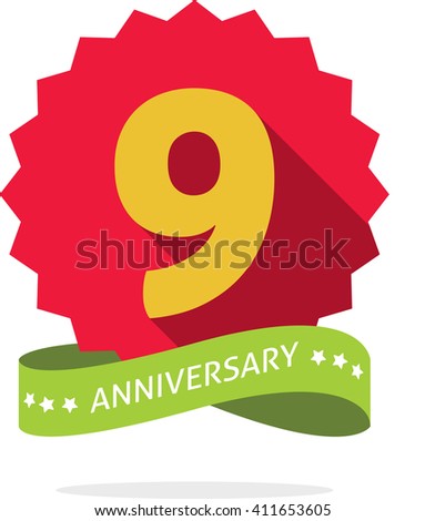 9th anniversary badge with shadow on red starburst and yellow number 9 (nine). 9 years anniversary icon. Ninth years symbol, ribbon, vector emblem isolated on white
