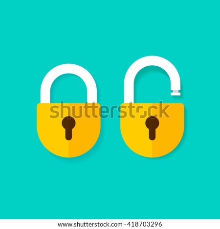 Lock open and lock closed vector icons isolated on blue background, yellow padlocks shapes illustration, flat cartoon design