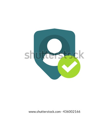 Privacy icon, flat shield with person silhouette symbol, personal protection sign, authentication security icon, secure confidentiality label