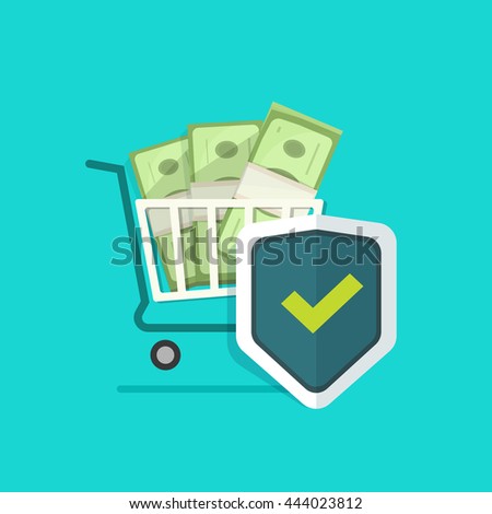 Shopping cart, pile of money, shield vector illustration, concept of ecommerce payment protection, protected cash, secure payment online, financial safe, wealth insurance, banking security
