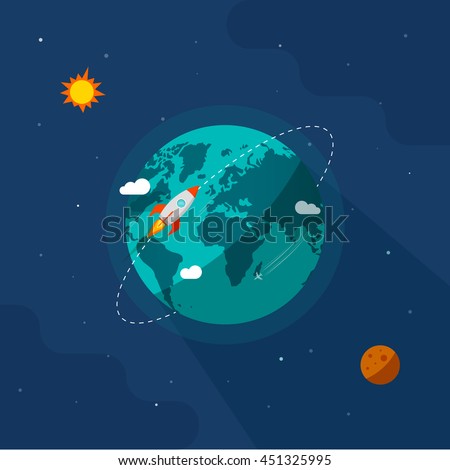 Earth in space vector illustration, rocket space ship flying around planet orbit on solar system universe, moon, stars flat cartoon design, rocketship or missile flight in cosmos or universe