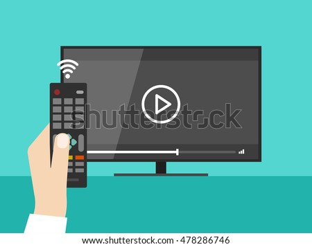 Hand holding wireless remote control near flat screen tv watching video film, cartoon person watching movie on television display