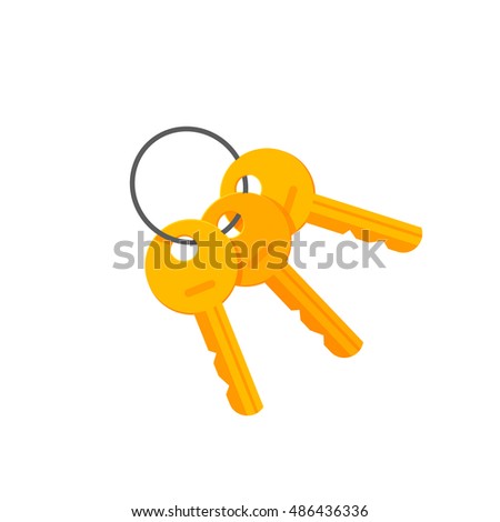 Door or padlock keys on key ring vector illustration isolated on white background, bunch of golden keys on keyring flat cartoon style