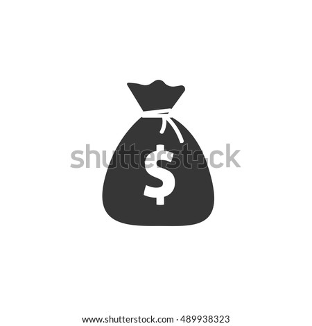 Money bag sack flat icon simple vector pictogram isolated, black and white dollar moneybag cartoon graphic clipart cash pouch silhouette shape image