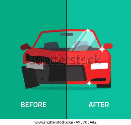 Car before and vehicle after repair vector illustration, crashed, broken and repaired car, automobile maintenance service or shop banner, flat cartoon design