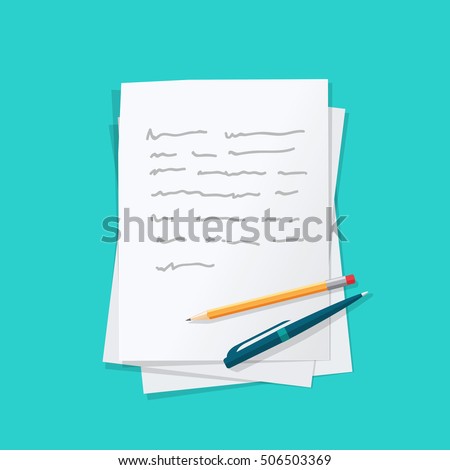 Paper sheets pile with abstract written text with pen and pencil top vector illustration, concept or writing letter, message, education, author workplace isolated on color background