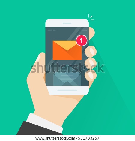 New email notification on mobile phone vector illustration, smartphone screen with new unread e-mail message and read mail envelope icons, inbox concept
