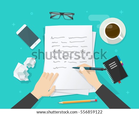 Writer writing on paper sheet vector illustration, flat cartoon person hands with pen on working table with text, workplace top view, desktop with writing letter story, journalist author workspace Foto d'archivio © 