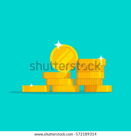 Coins stack vector illustration, flat coin money stacked icon flat, golden penny cash pile, treasure heap isolated on color background