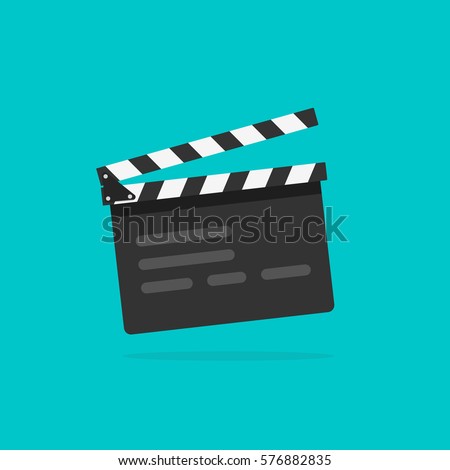 Clapperboard vector illustration isolated on blue color background, flat style clapperboard icon, filmmaking device, video movie clapper equipment