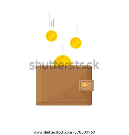 Golden coins money flying in wallet vector illustration, idea of fund savings, cash earnings, financial success, getting wealth, salary income icon isolated on white