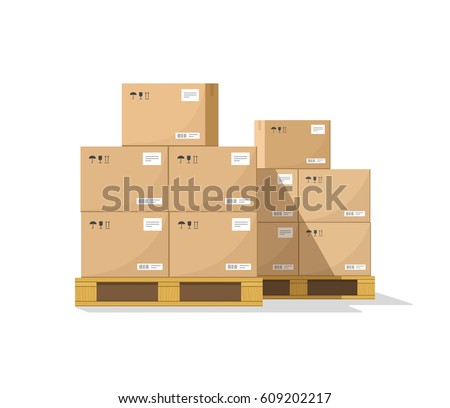 Boxes on wooded pallet vector illustration, flat style warehouse cardboard parcel boxes stack front view