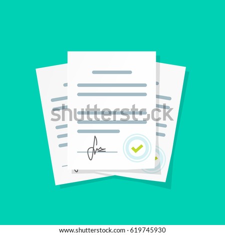 Contract documents pile vector illustration, flat cartoon stack of agreements document with signature and approval stamp, concept of paperwork, business doc