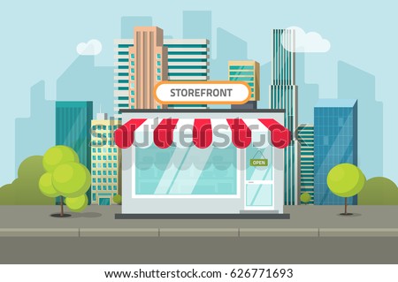 Storefront in city vector illustration, restaurant cafe or store building on town street landscape, flat cartoon style shop facade front view