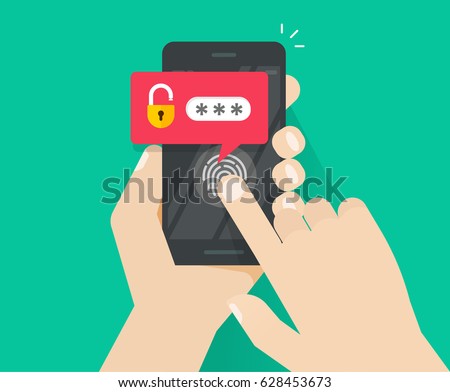 Smartphone security unlocked via fingerprint or thumbprint button, password notification vector, mobile phone security, cellphone personal access via finger print, user authorization, login protection