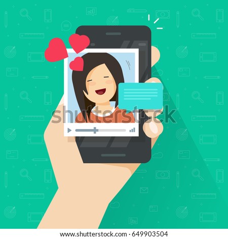 Video call with girlfriend on mobile phone vector illustration, flat cartoon smartphone video chat with lovely happy smiling girl and love talk, boyfriend calling his beloved, online distance dating