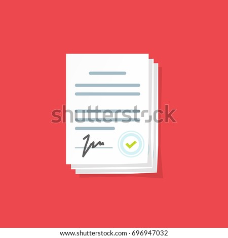 Document sign vector illustration, flat cartoon paper documents pile with signature and text, idea of contract signed doc, legal agreement, license with approved stamp, partnership form, success deal