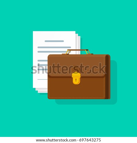 Briefcase near lots of paper documents vector illustration, flat cartoon business case with pile of docs isolated on color background