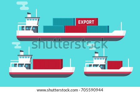 Cargo ships isolated vector illustration, flat cartoon big and small shipping freighter boats carrying cargo containers flat cartoon style, commercial freight vessel