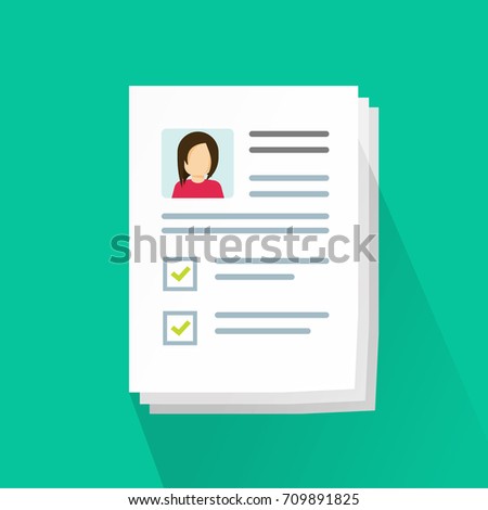 Documents with personal data vector illustration, flat cartoon paper document pile or stack with user profile data and photo, concept of interview job, qualification test evaluation, cv