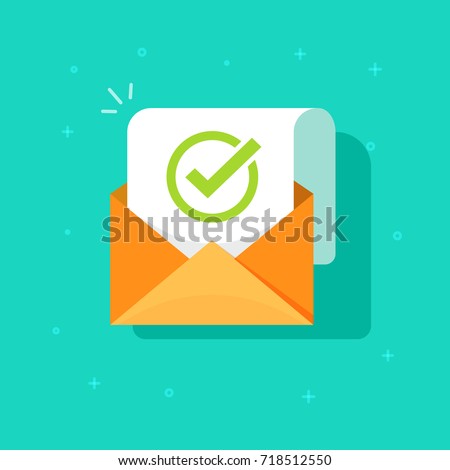 Email confirmation vector illustration, flat cartoon envelope with confirmation letter document, checked or accepted message icon, approved document concept or e-mail checklist