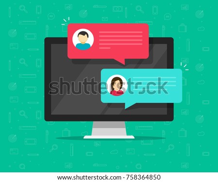 Computer online chat notices vector illustration, flat cartoon design of desktop pc with chatting bubble notifications, concept of people messaging on internet, on-line communication icon isolated