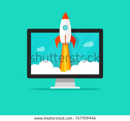 Startup vector concept, flat cartoon style quick rocket launch and computer or desktop pc, idea of successful business project start up or release, boost technology, innovation strategy