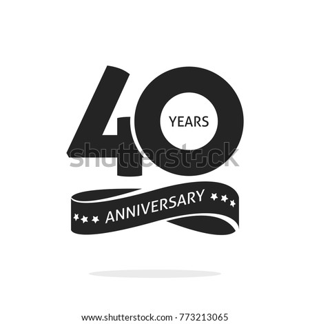 40 years anniversary logo template isolated on white, black and white stamp 40th anniversary icon label with ribbon, forty year birthday seal symbol