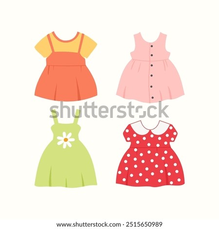 Set colorful summer dresses for baby kids girl cute illustration