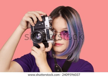 Similar – Image, Stock Photo Analog, close up portrait of a young woman sitting on a bed and looking into the camera